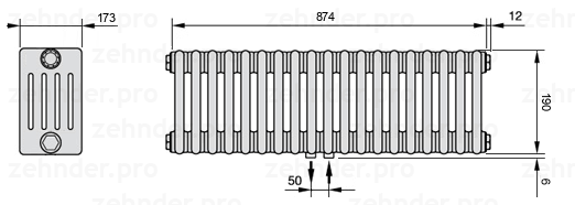 Схема (чертеж) Радиатор Zehnder Charleston 5019/19 №5410 Белый глянцевый RAL 9016